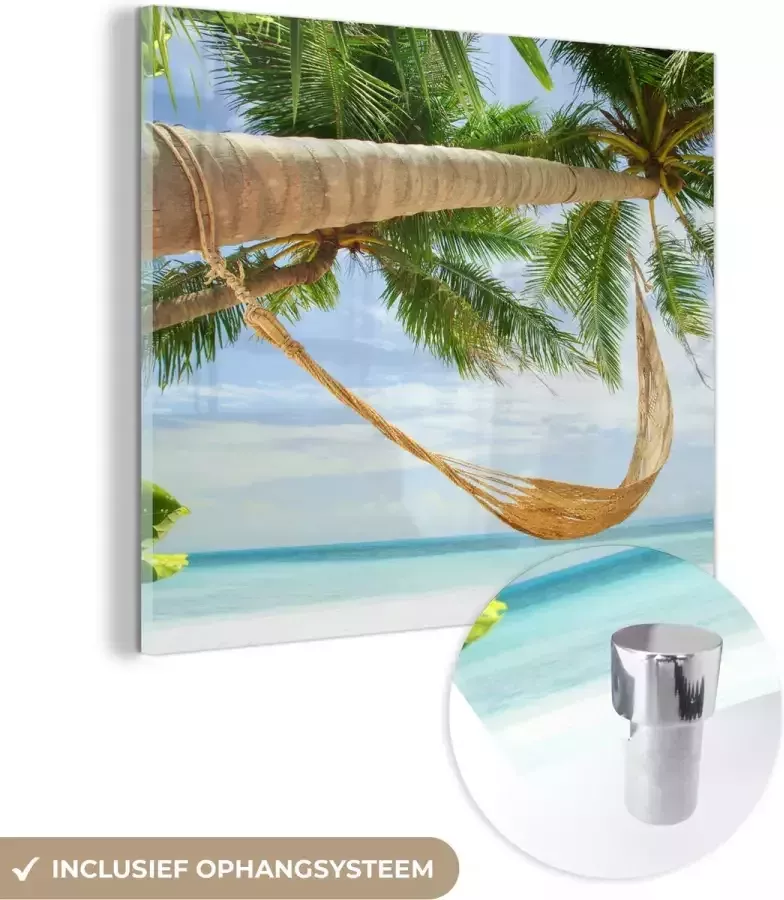 MuchoWow Glasschilderij 90x90 cm Schilderij acrylglas Palmbomen Hangmat Zomer Zee Foto op glas Schilderijen