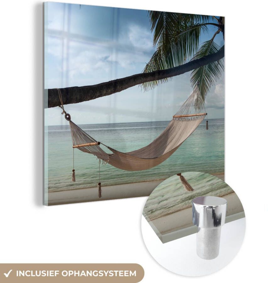 MuchoWow Glasschilderij 20x20 cm Schilderij acrylglas Palmboom Hangmat Strand Foto op glas Schilderijen