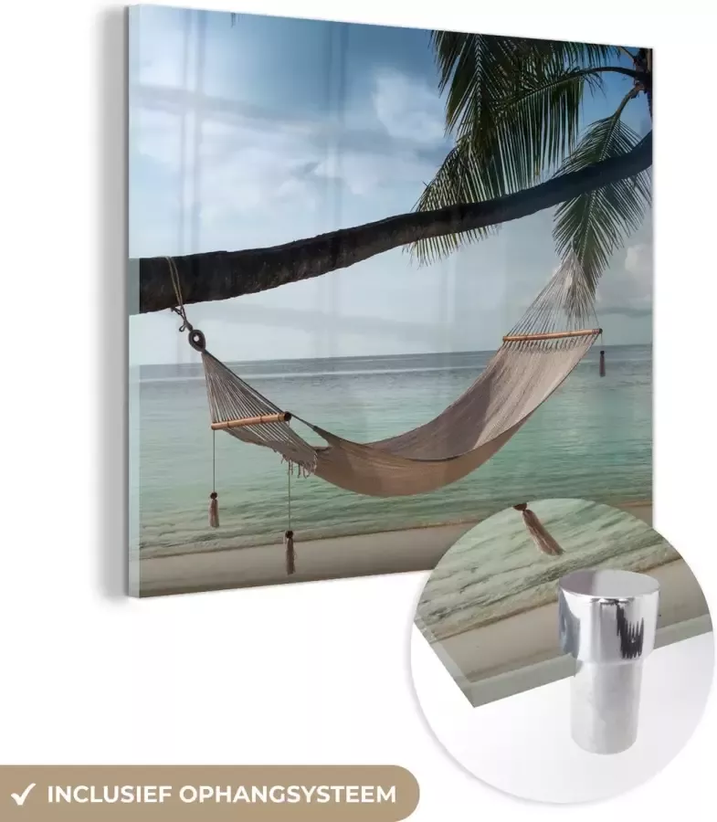 MuchoWow Glasschilderij 90x90 cm Schilderij acrylglas Palmboom Hangmat Strand Foto op glas Schilderijen - Foto 2
