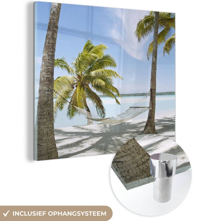 MuchoWow Glasschilderij 20x20 cm Schilderij acrylglas Palmboom Hangmat Zand Foto op glas Schilderijen
