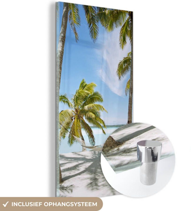 MuchoWow Glasschilderij 20x40 cm Schilderij glas Palmboom Hangmat Zand Foto op acrylglas Schilderijen