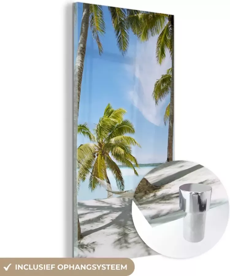MuchoWow Glasschilderij 60x120 cm Schilderij acrylglas Palmboom Hangmat Zand Foto op glas Schilderijen - Foto 2