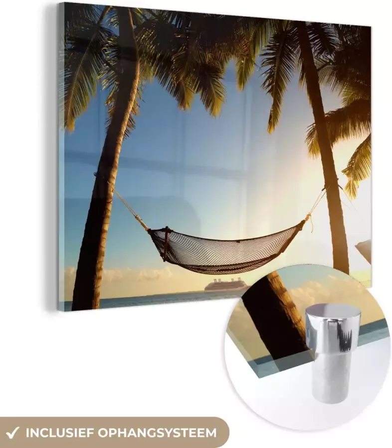 MuchoWow Glasschilderij 80x60 cm Schilderij glas Palmboom Hangmat Zonsondergang Foto op acrylglas Schilderijen