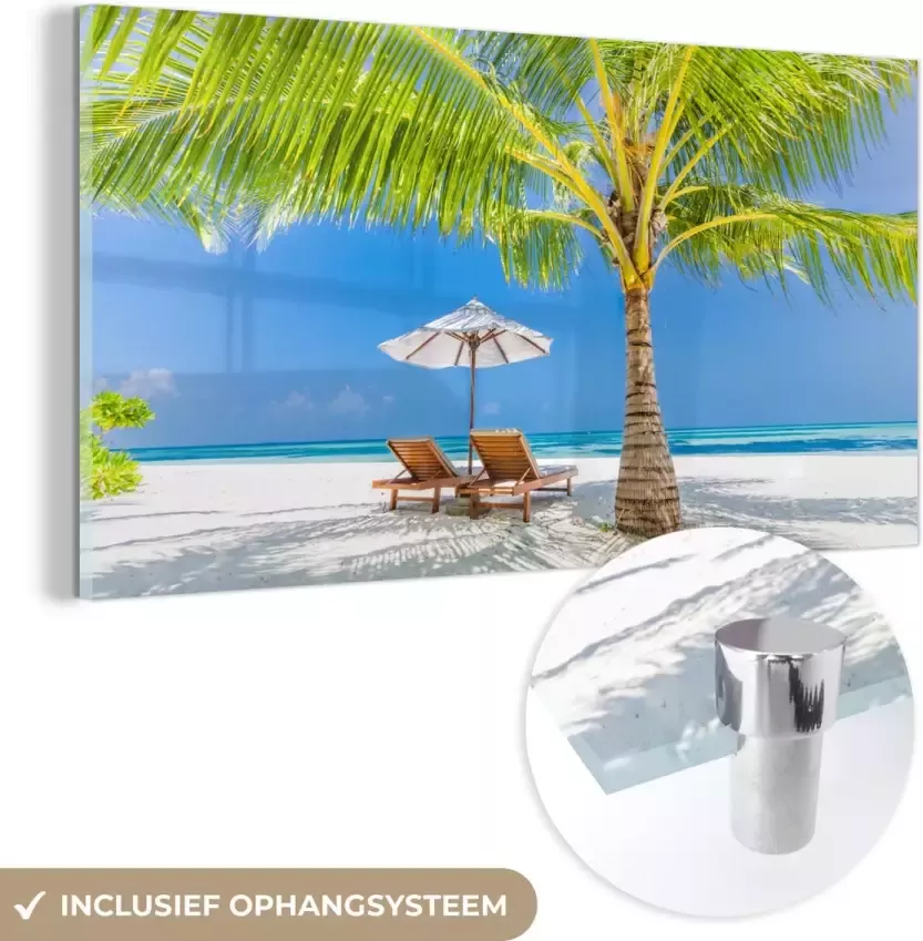 MuchoWow Glasschilderij 120x60 cm Schilderij acrylglas Palmboom Strandstoel Parasol Foto op glas Schilderijen - Foto 2