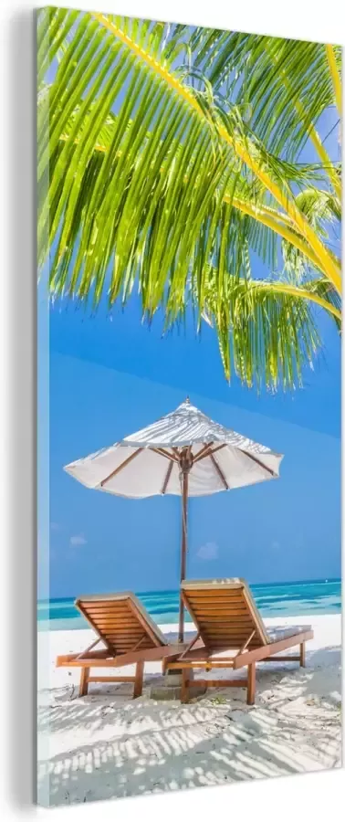 MuchoWow Glasschilderij Palmboom Strandstoel Parasol 20x40 cm Acrylglas Schilderijen Foto op Glas