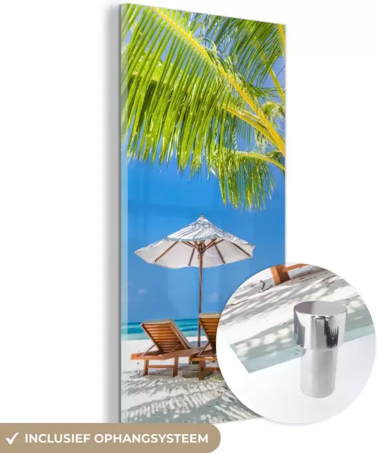 MuchoWow Glasschilderij 20x40 cm Schilderij glas Palmboom Strandstoel Parasol Foto op acrylglas Schilderijen - Foto 2