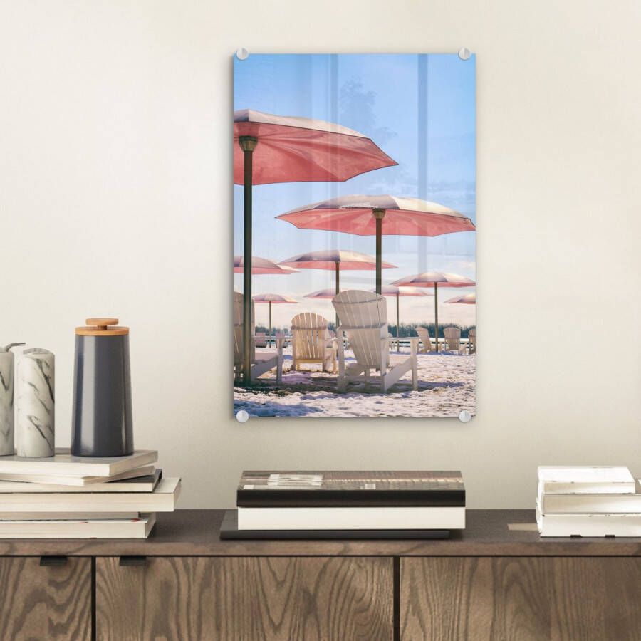 MuchoWow Glasschilderij 20x30 cm Schilderij acrylglas Parasol Roze Zomer Foto op glas Schilderijen