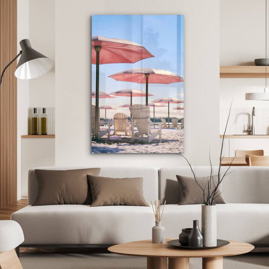 MuchoWow Glasschilderij 60x90 cm Schilderij acrylglas Parasol Roze Zomer Foto op glas Schilderijen