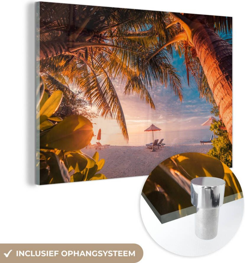 MuchoWow Glasschilderij 150x100 cm Schilderij acrylglas Parasol Stoelen Strand Foto op glas Schilderijen