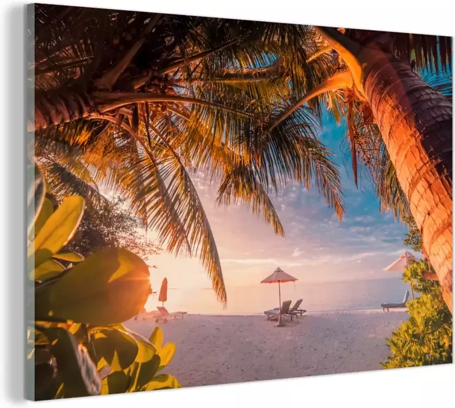 Glasschilderij 30x20 cm Schilderij acrylglas Parasol Stoelen Strand Foto op glas Muurdecoratie woonkamer Wanddecoratie slaapkamer Schilderijen