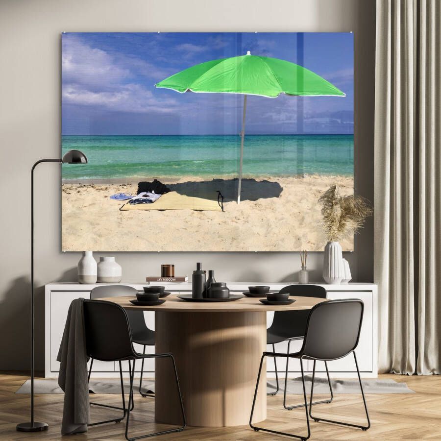 MuchoWow Glasschilderij 160x120 cm Schilderij acrylglas Parasol Strand Zand Foto op glas Schilderijen
