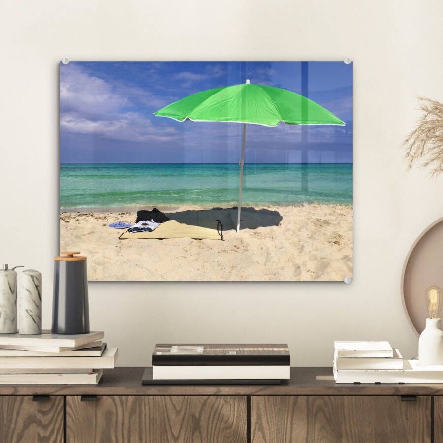 MuchoWow Glasschilderij 40x30 cm Schilderij glas Parasol Strand Zand Foto op acrylglas Schilderijen