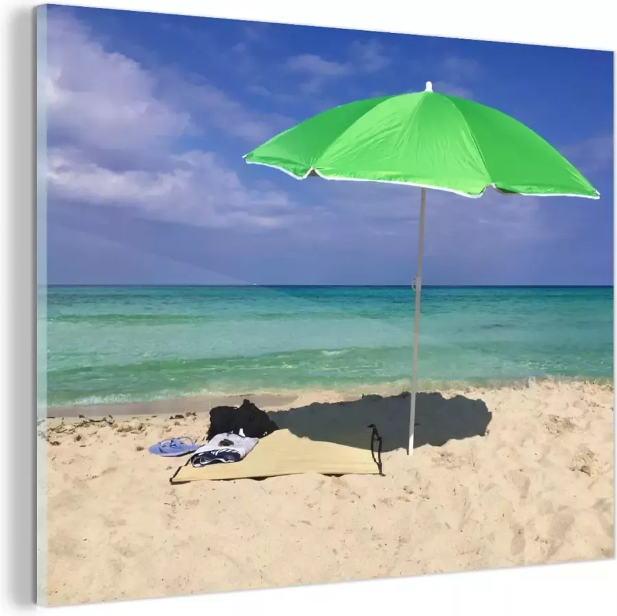 MuchoWow Glasschilderij Parasol Strand Zand 80x60 cm Acrylglas Schilderijen Foto op Glas