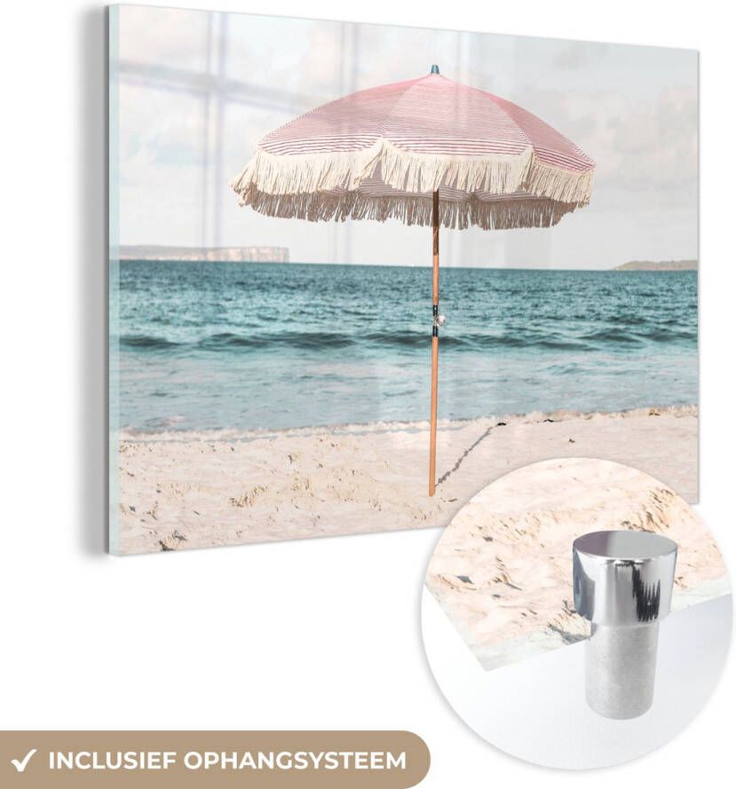 MuchoWow Glasschilderij Parasol Strand Zee Wolken 120x80 cm Acrylglas Schilderijen Foto op Glas