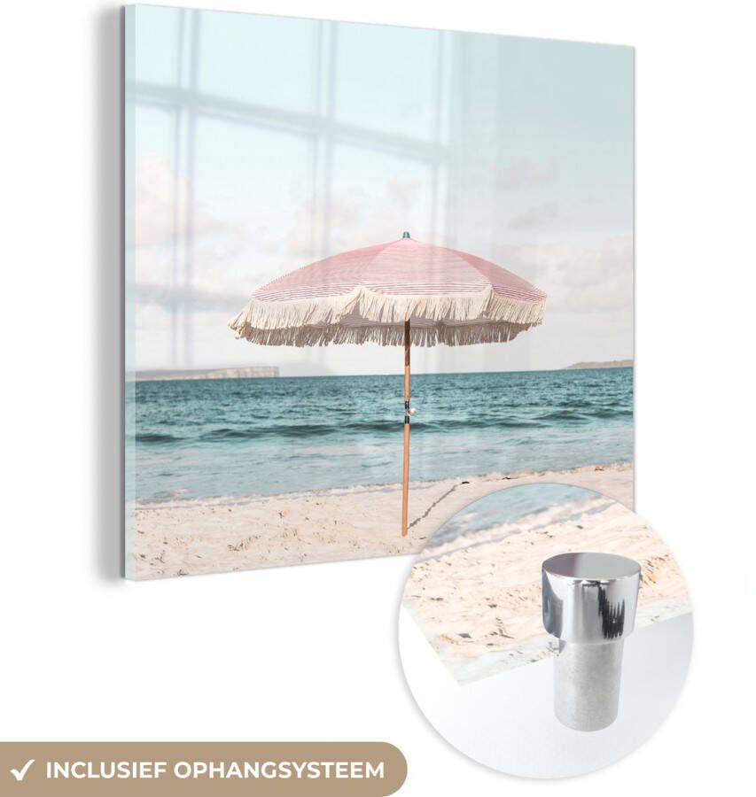 MuchoWow Glasschilderij 20x40 cm Schilderij acrylglas Parasol Strand Zee Wolken Foto op glas Schilderijen