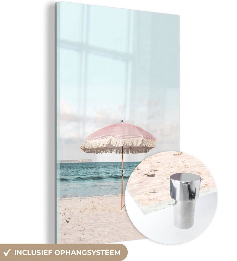 MuchoWow Glasschilderij 40x60 cm Schilderij acrylglas Parasol Strand Zee Wolken Foto op glas Schilderijen - Foto 2