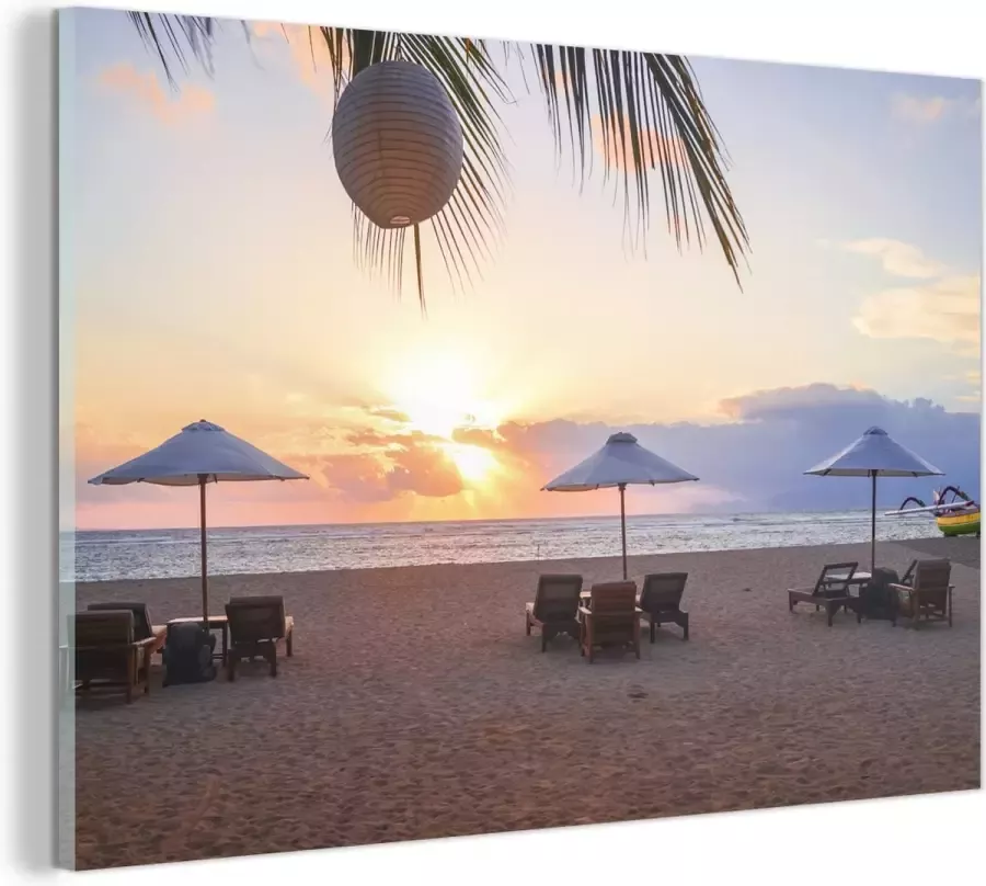 MuchoWow Glasschilderij 30x20 cm Schilderij acrylglas Parasol Zonsondergang Palm Foto op glas Schilderijen - Foto 2