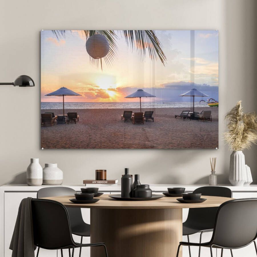 MuchoWow Glasschilderij 90x60 cm Schilderij acrylglas Parasol Zonsondergang Palm Foto op glas Schilderijen