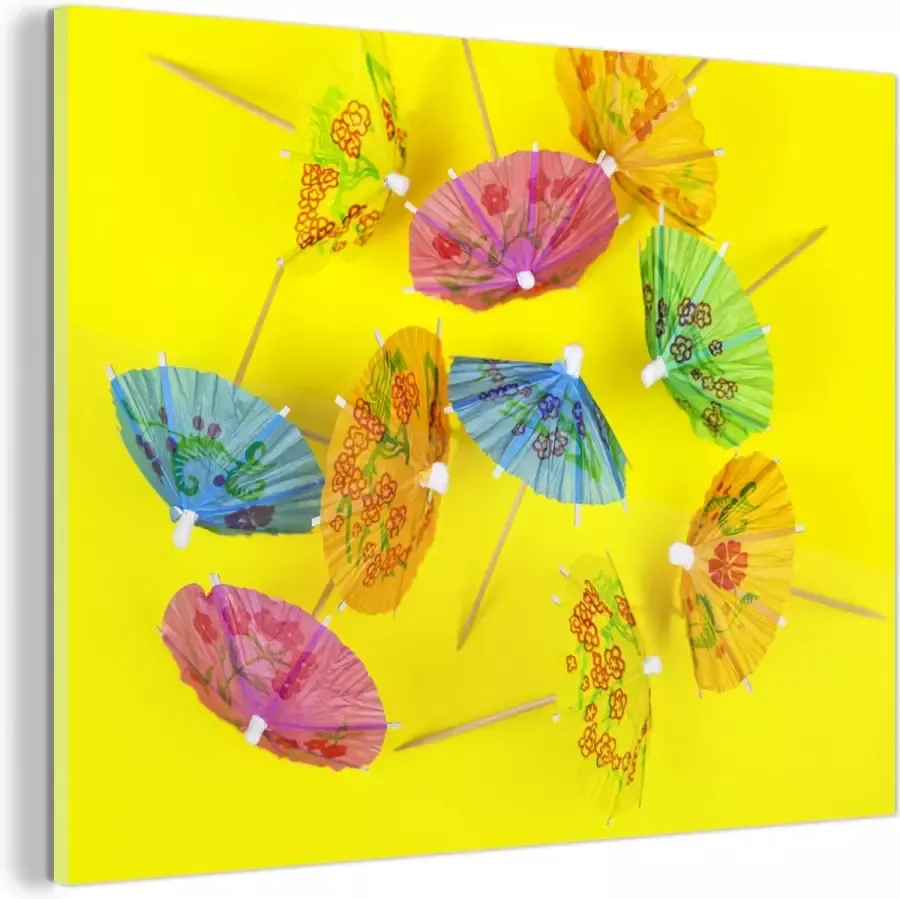 MuchoWow Glasschilderij Parasols op geel 80x60 cm Acrylglas Schilderijen Foto op Glas