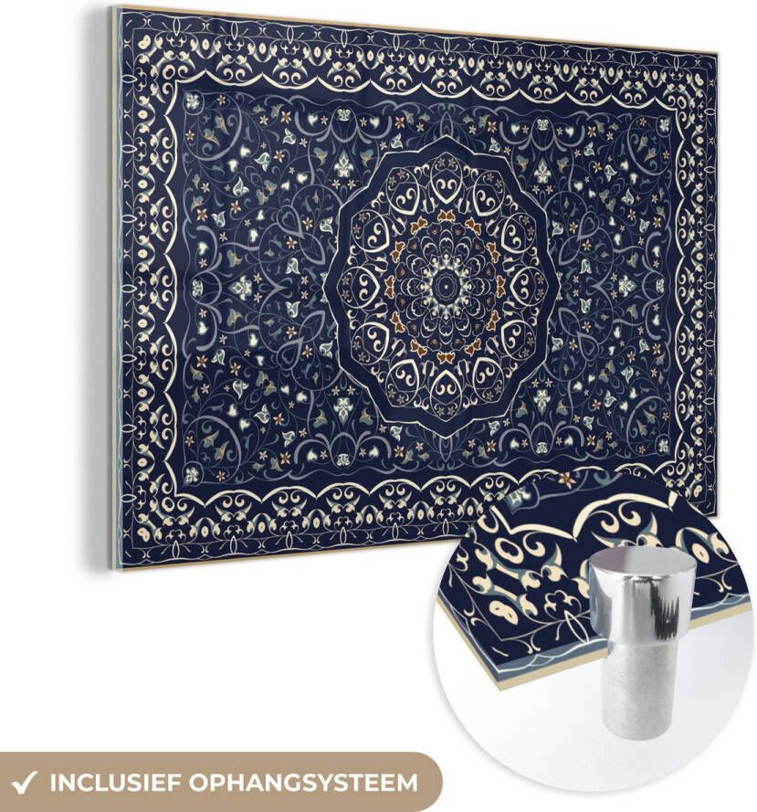 MuchoWow Glasschilderij 60x40 cm Schilderij acrylglas Perzisch Tapijt Mandala Vloerkleed Blauw Foto op glas Schilderijen