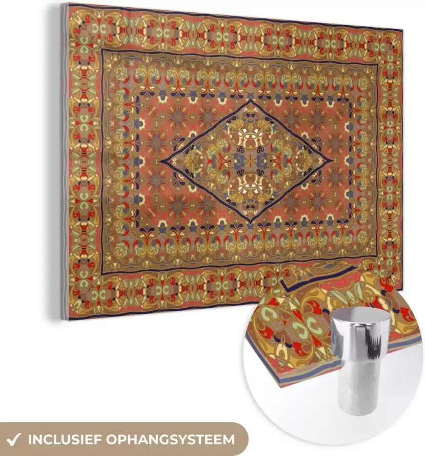 MuchoWow Glasschilderij 90x60 cm Schilderij acrylglas Perzisch Tapijt Vloerkleed Geel Rood Foto op glas Schilderijen