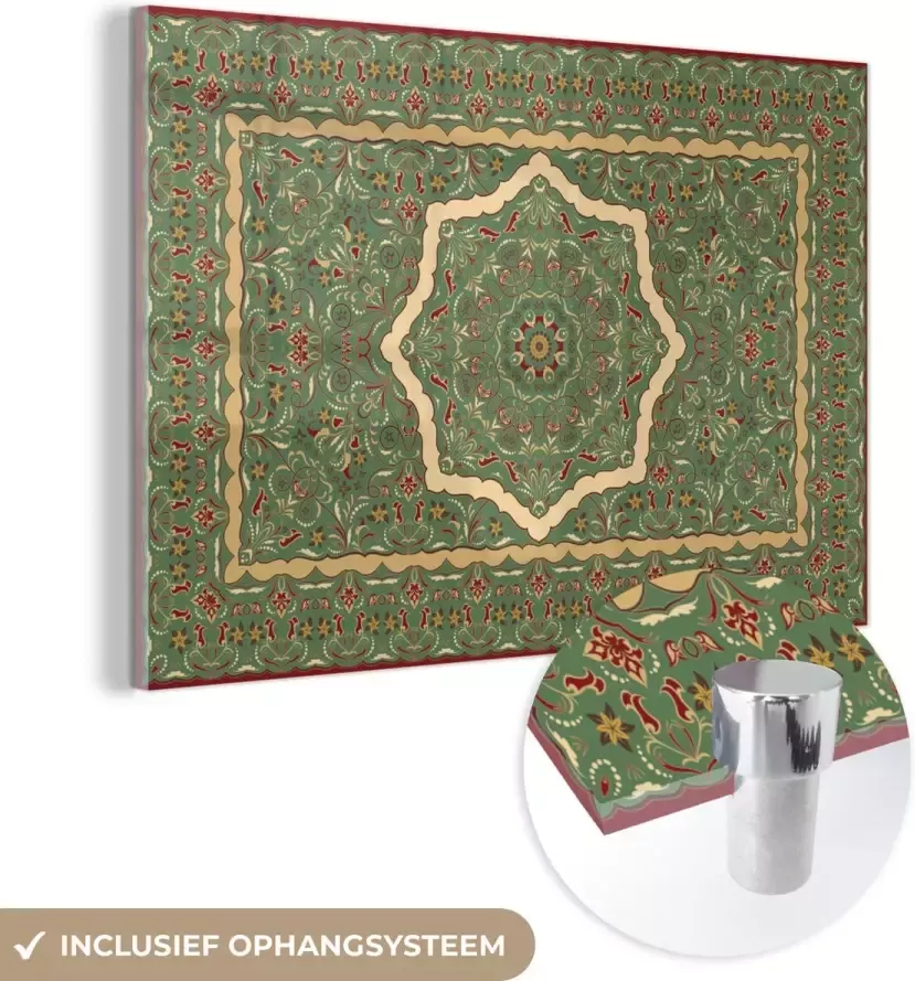 MuchoWow Glasschilderij 90x60 cm Schilderij acrylglas Perzisch Tapijt Vloerkleed Mandala Groen Foto op glas Schilderijen