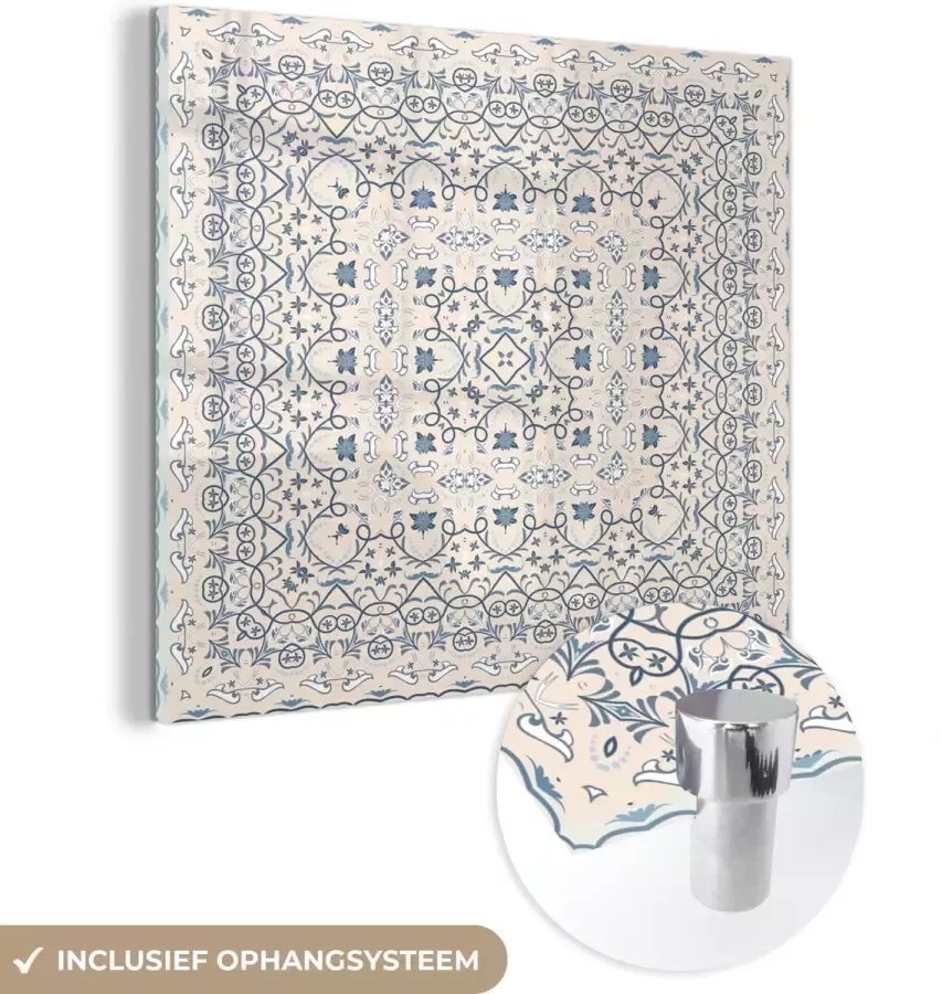 MuchoWow Glasschilderij 90x90 cm Schilderij acrylglas Perzisch Tapijt Vloerkleed Patronen Blauw Foto op glas Schilderijen