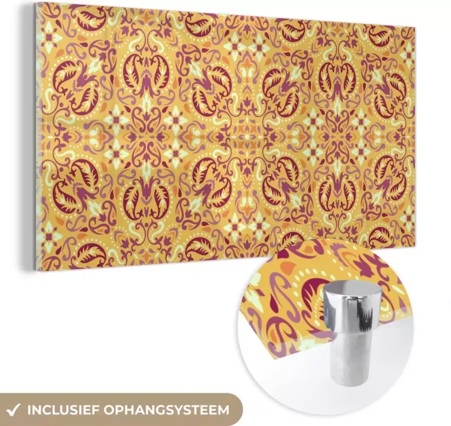 MuchoWow Glasschilderij 160x80 cm Schilderij acrylglas Perzisch Tapijt Vloerkleed Patronen Oranje Foto op glas Schilderijen