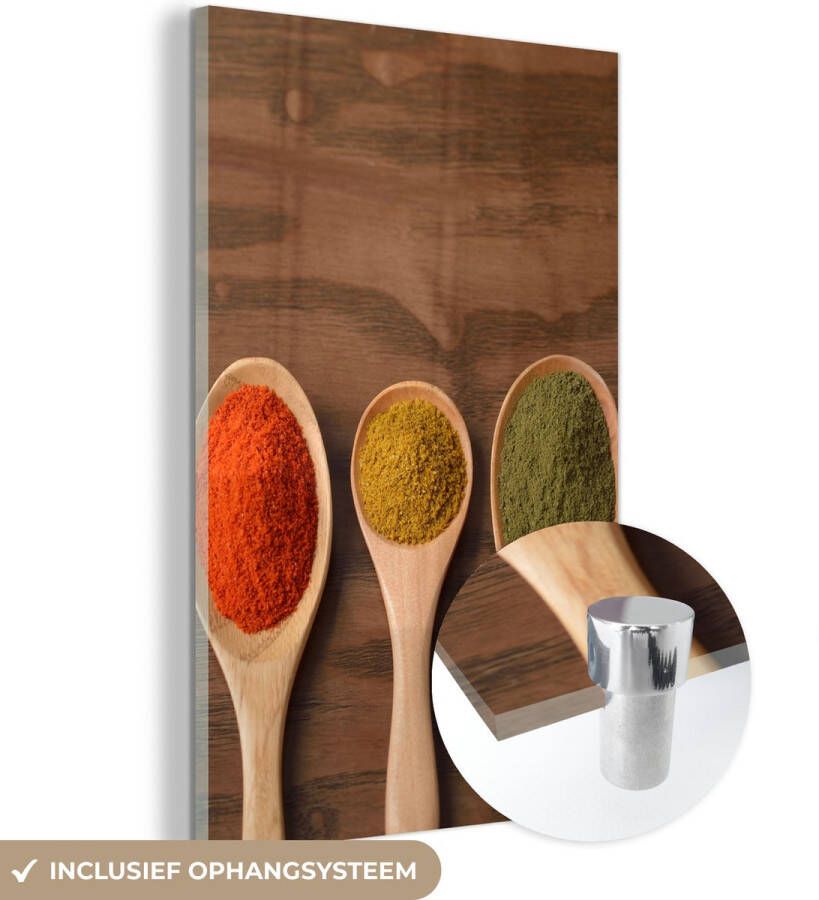 MuchoWow Glasschilderij 40x60 cm Schilderij glas Pollepel Kruiden Eten Specerijen Tafel Foto op acrylglas Schilderijen