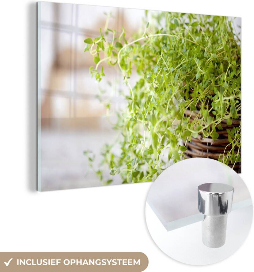 MuchoWow Glasschilderij 30x20 cm Schilderij glas Rieten mand met de lichtgroene tijm planten op een rustieke tafel Foto op acrylglas Schilderijen