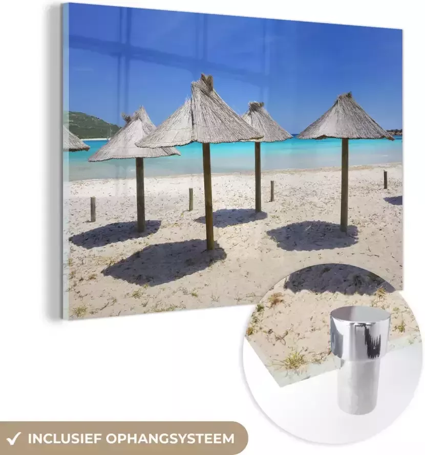 Glasschilderij 30x20 cm Schilderij acrylglas Rieten parasols op een strand op de vakantiebestemming Corsica Foto op glas Muurdecoratie woonkamer Wanddecoratie slaapkamer Schilderijen