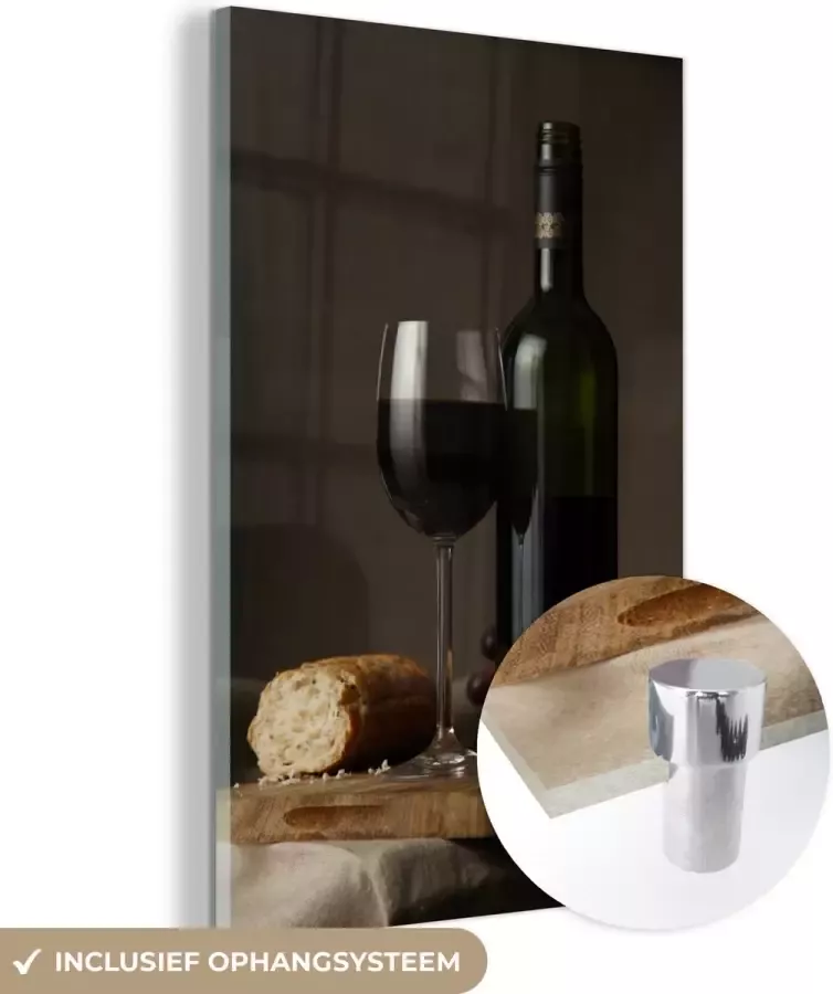 MuchoWow Glasschilderij 40x60 cm Schilderij acrylglas Rode wijn en brood op een tafel Foto op glas Schilderijen - Foto 2