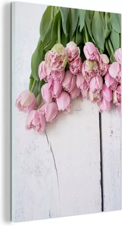 MuchoWow Glasschilderij 40x60 cm Schilderij acrylglas Roze tulpen op witte tafel Foto op glas Schilderijen - Foto 2