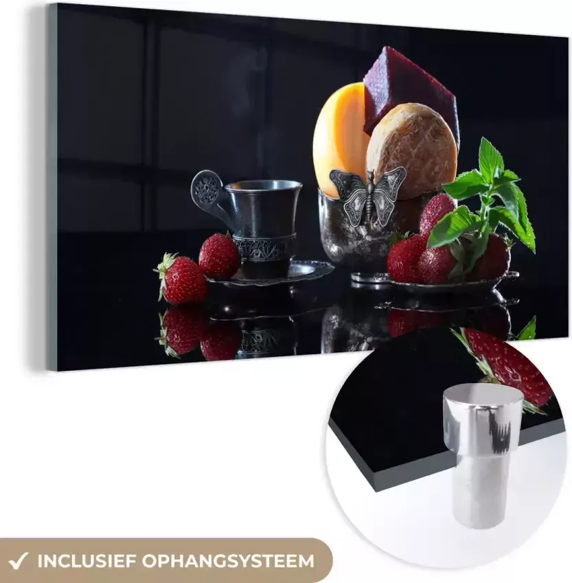 MuchoWow Glasschilderij 120x60 cm Schilderij acrylglas Rustiek Fruit Kaas Tafel Stilleven Foto op glas Schilderijen - Foto 2