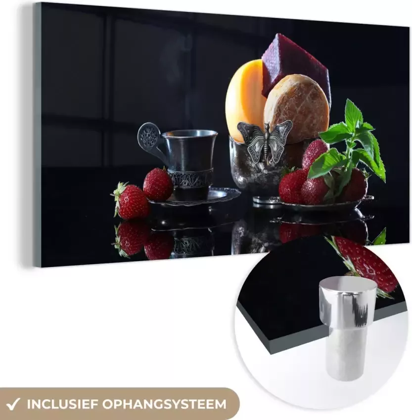 MuchoWow Glasschilderij Rustiek Fruit Kaas Tafel Stilleven 80x40 cm Acrylglas Schilderijen Foto op Glas