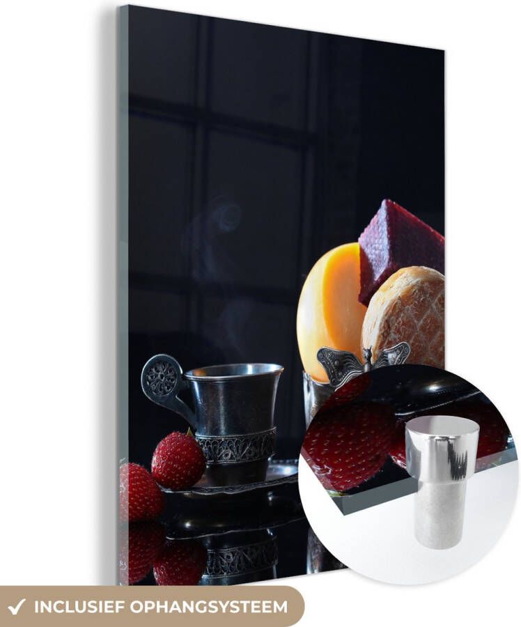 MuchoWow Glasschilderij 90x120 cm Schilderij glas Rustiek Fruit Kaas Tafel Stilleven Foto op acrylglas Schilderijen