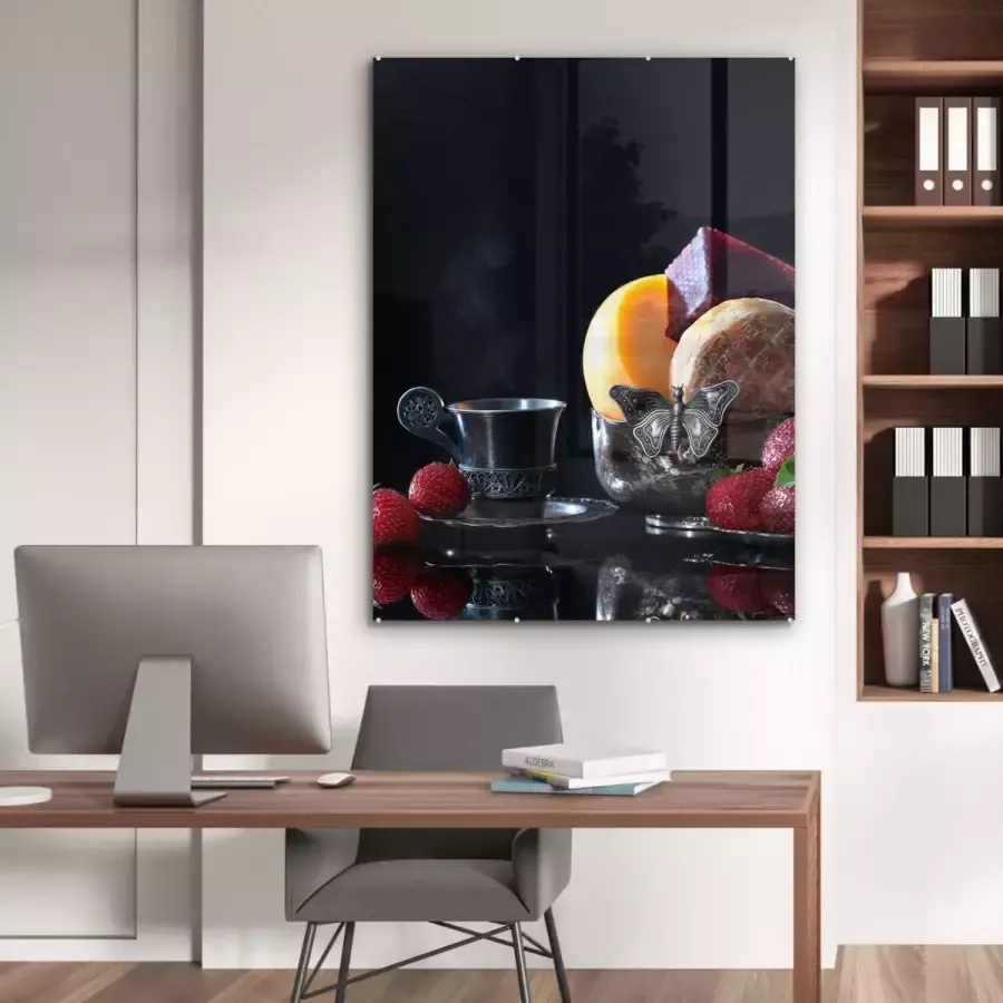 MuchoWow Glasschilderij 90x120 cm Schilderij glas Rustiek Fruit Kaas Tafel Stilleven Foto op acrylglas Schilderijen - Foto 2