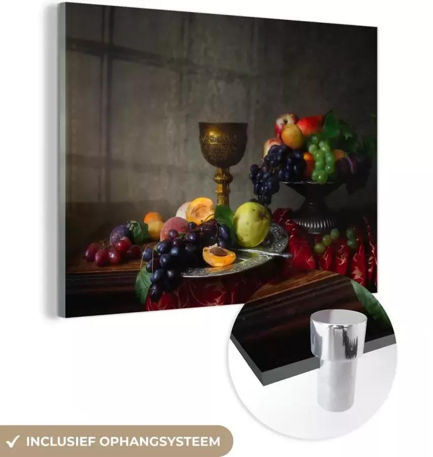MuchoWow Glasschilderij Rustiek Tafel Fruit Stilleven Beker 120x90 cm Acrylglas Schilderijen Foto op Glas