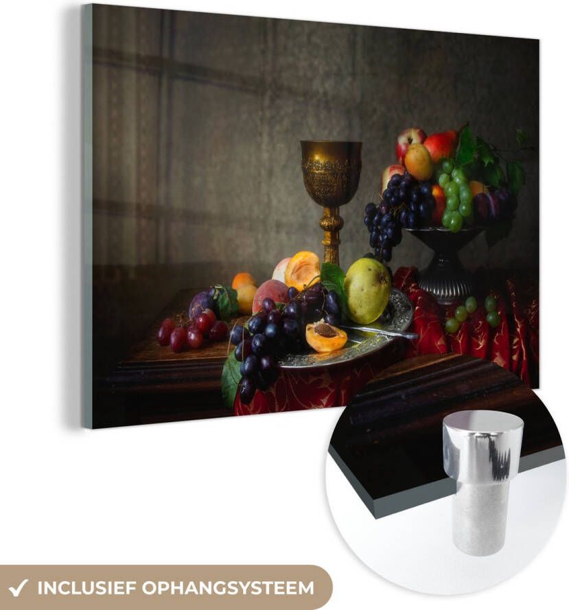 MuchoWow Glasschilderij 150x100 cm Schilderij acrylglas Rustiek Tafel Fruit Stilleven Beker Foto op glas Schilderijen - Foto 1