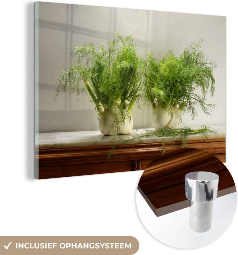 MuchoWow Glasschilderij Rustieke houten kast met de venkel planten 120x80 cm Acrylglas Schilderijen Foto op Glas