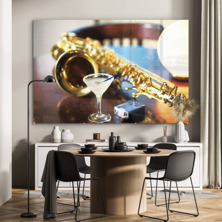 Glasschilderij 180x120 cm Schilderij acrylglas Saxofoon op tafel Foto op glas Muurdecoratie woonkamer Wanddecoratie slaapkamer Schilderijen