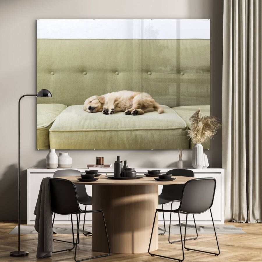 MuchoWow Glasschilderij 160x120 cm Schilderij acrylglas Slapende puppy op de bank Foto op glas Schilderijen