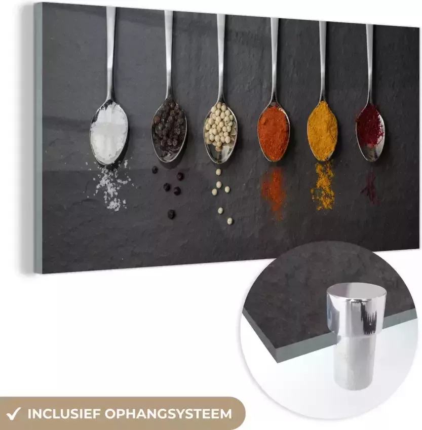 MuchoWow Glasschilderij 80x40 cm Schilderij acrylglas Specerijen Lepels Tafel Rustiek Kruiden Foto op glas Schilderijen - Foto 2
