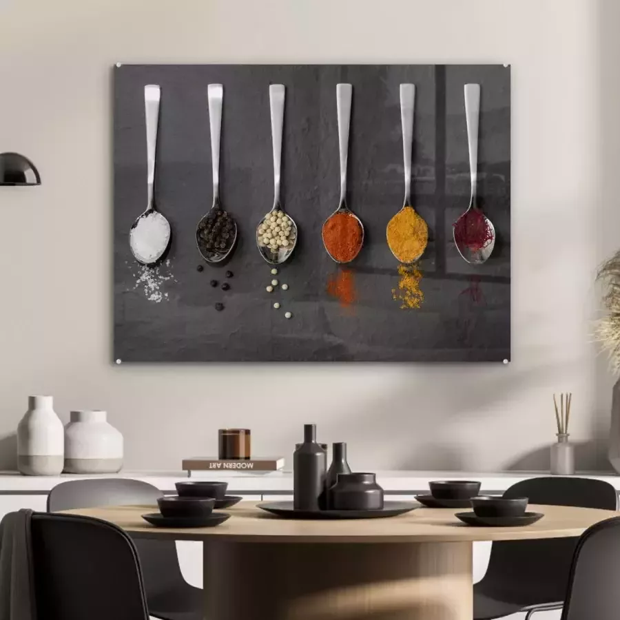 Glasschilderij 80x60 cm Schilderij acrylglas Specerijen Lepels Tafel Rustiek Kruiden Foto op glas Muurdecoratie woonkamer Wanddecoratie slaapkamer Schilderijen