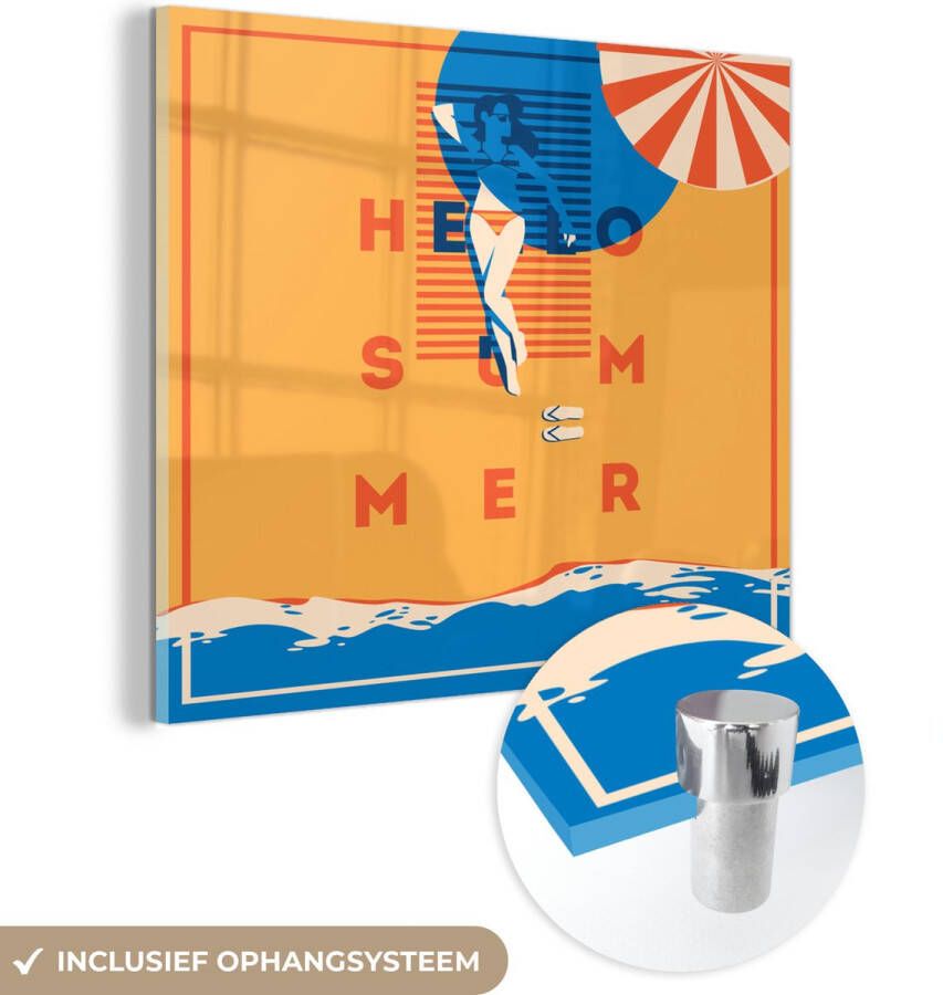 MuchoWow Glasschilderij 20x20 cm Schilderij acrylglas Spreuken 'Hello summer' Quotes Parasol Foto op glas Schilderijen