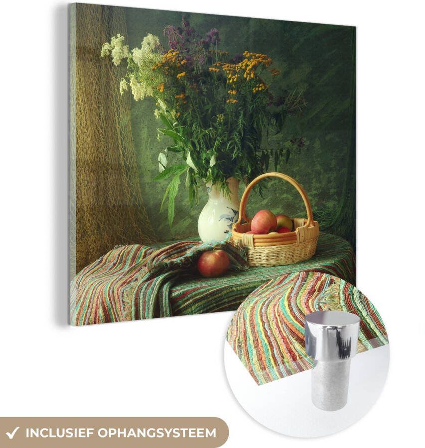 MuchoWow Glasschilderij 50x50 cm Schilderij acrylglas Stilleven Bloemen Appel Mandje Tafel Schilderij Foto op glas Schilderijen