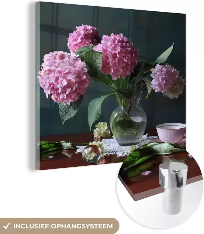 MuchoWow Glasschilderij 20x20 cm Schilderij acrylglas Stilleven hortensia's en theekop op tafel Foto op glas Schilderijen - Foto 2