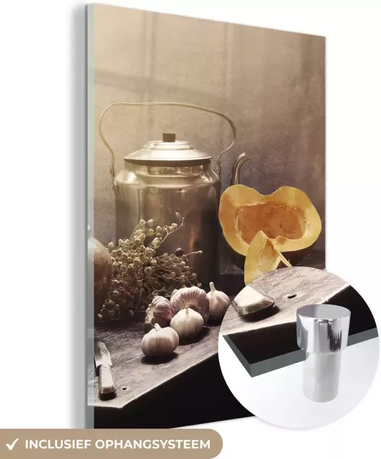 MuchoWow Glasschilderij 30x40 cm Schilderij acrylglas Stilleven Pompoen Knoflook Pan Tafel Foto op glas Muurdecoratie woonkamer Wanddecoratie slaapkamer Schilderijen - Foto 2