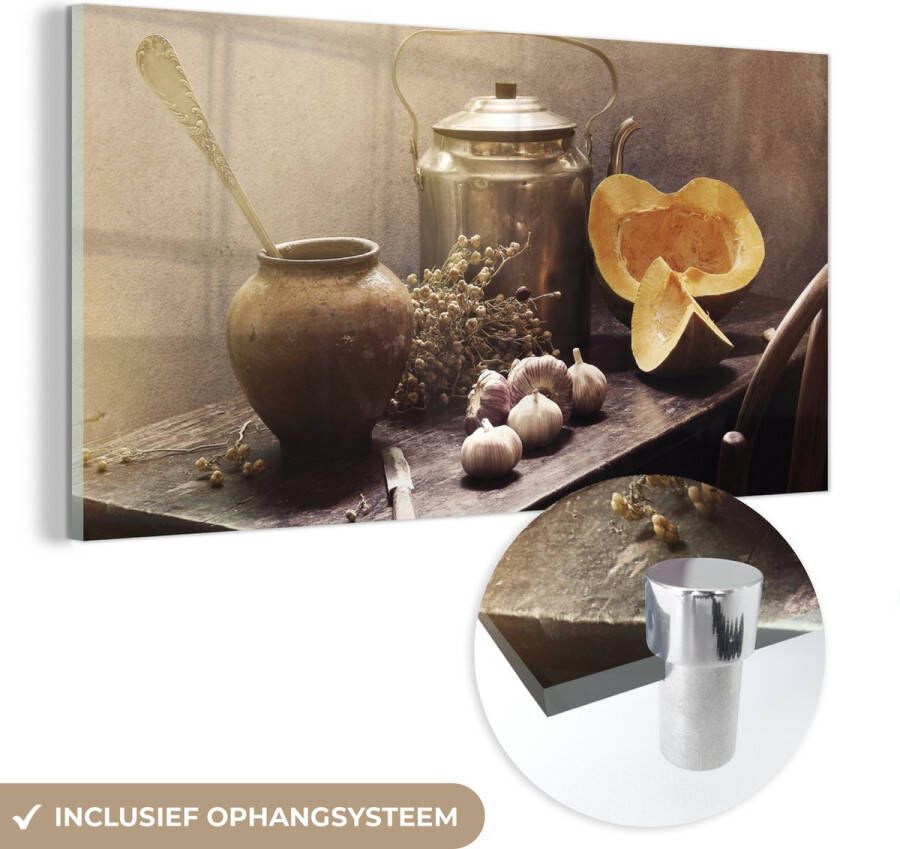 MuchoWow Glasschilderij 40x20 cm Schilderij acrylglas Stilleven Pompoen Knoflook Pan Tafel Foto op glas Muurdecoratie woonkamer Wanddecoratie slaapkamer Schilderijen - Foto 2