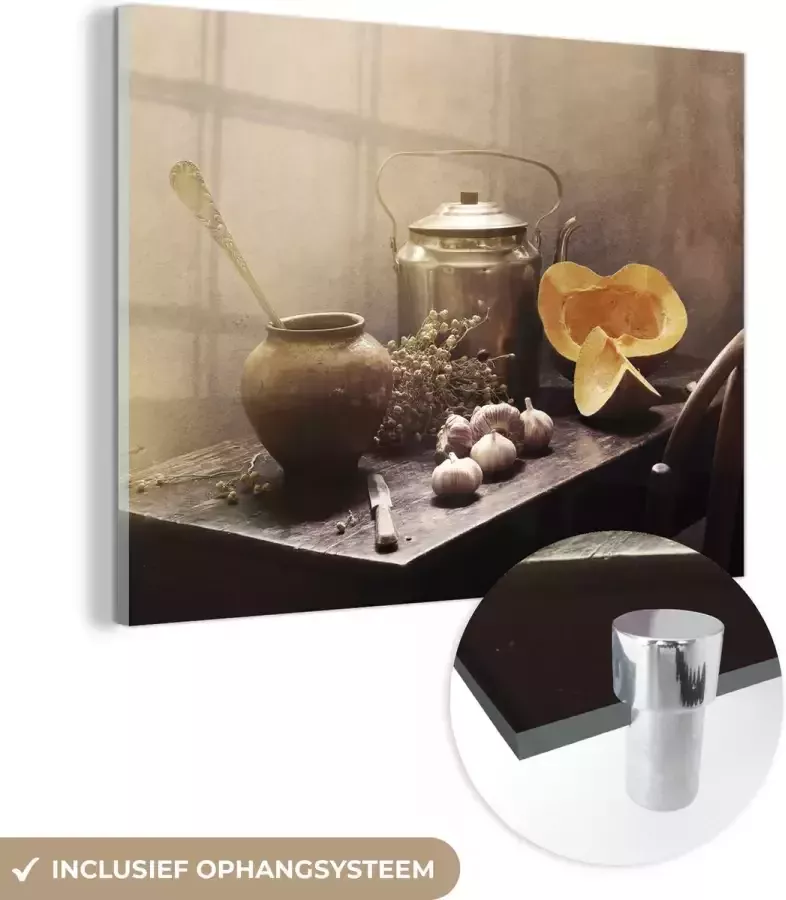 MuchoWow Glasschilderij 40x30 cm Schilderij acrylglas Stilleven Pompoen Knoflook Pan Tafel Foto op glas Muurdecoratie woonkamer Wanddecoratie slaapkamer Schilderijen - Foto 2